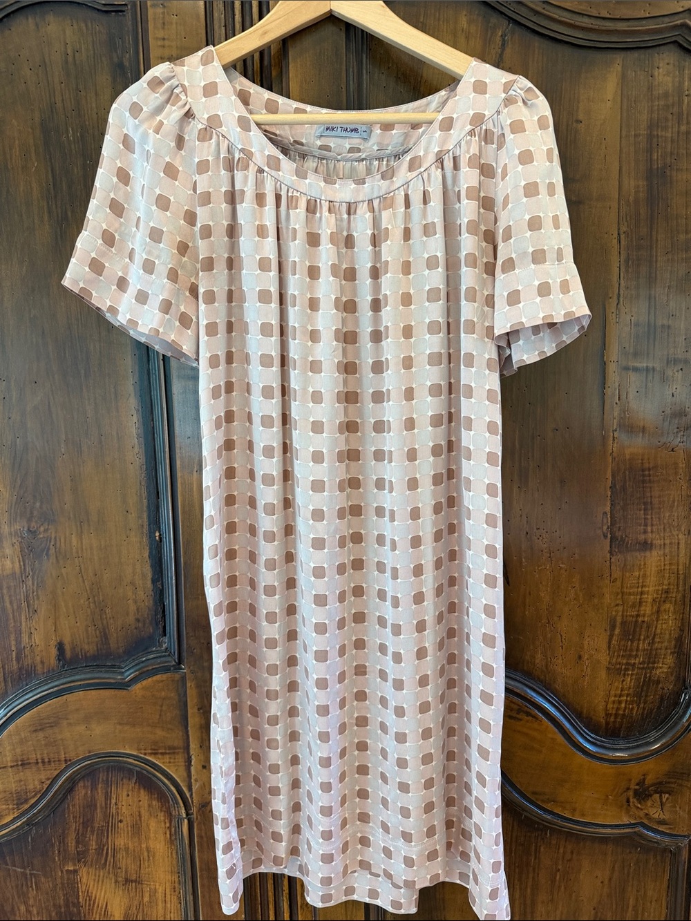 Miki Thumb Silk Pink Check Shift Dress - size Small